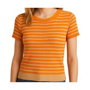 Madewell Ribbed Orange & Khaki Stripe Top Small Bright Modern Minimalist